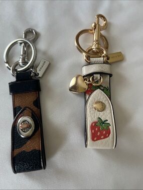 Coach Strawberry White and Brown Leopard Leather Keychain Pair